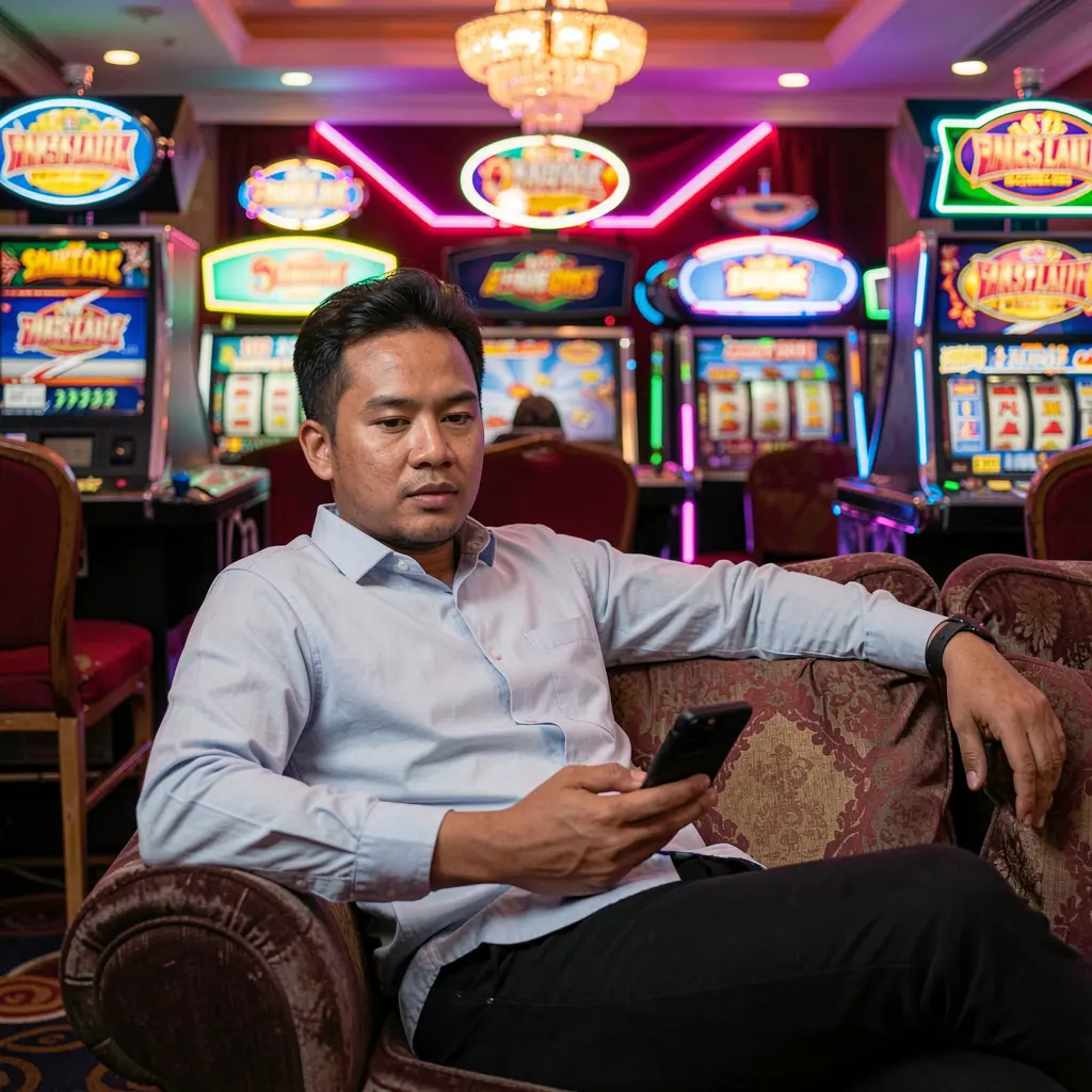 Relaxed Malaysian player sitting on a sofa using the MBI44 mobile casino app surrounded by colorful slot machines and neon casino lights