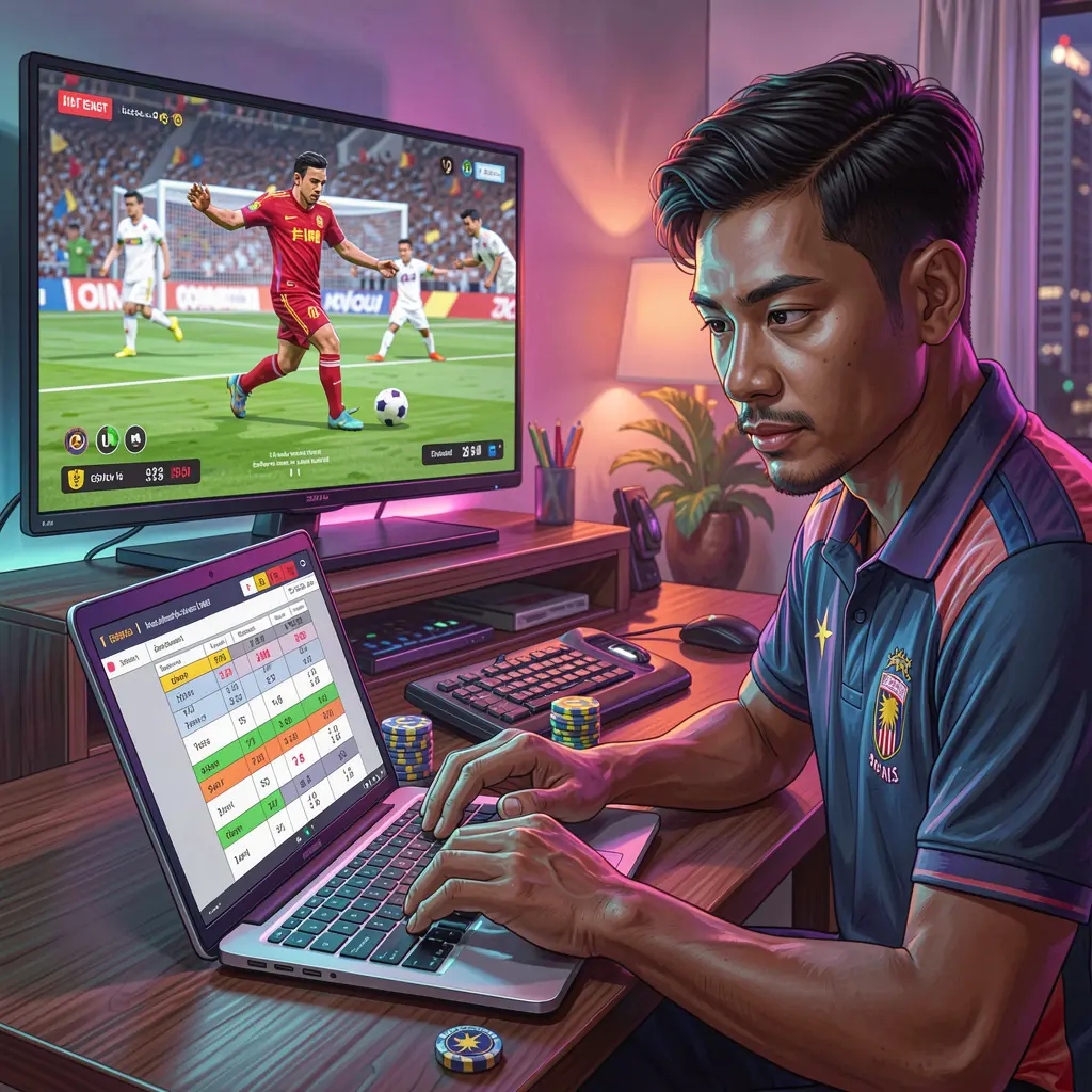 Focused Malaysian sports bettor using a laptop with live betting odds while watching a soccer match on TV at home on MBI44