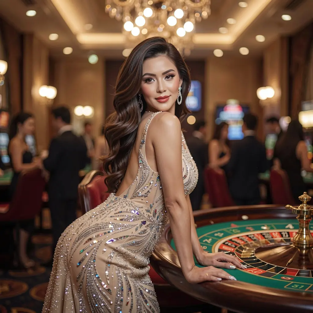 A glamorous woman in a sparkling gold dress leaning on a roulette table in a luxury casino atmosphere at MBI44 reflecting the premium live casino experience for players in Malaysia