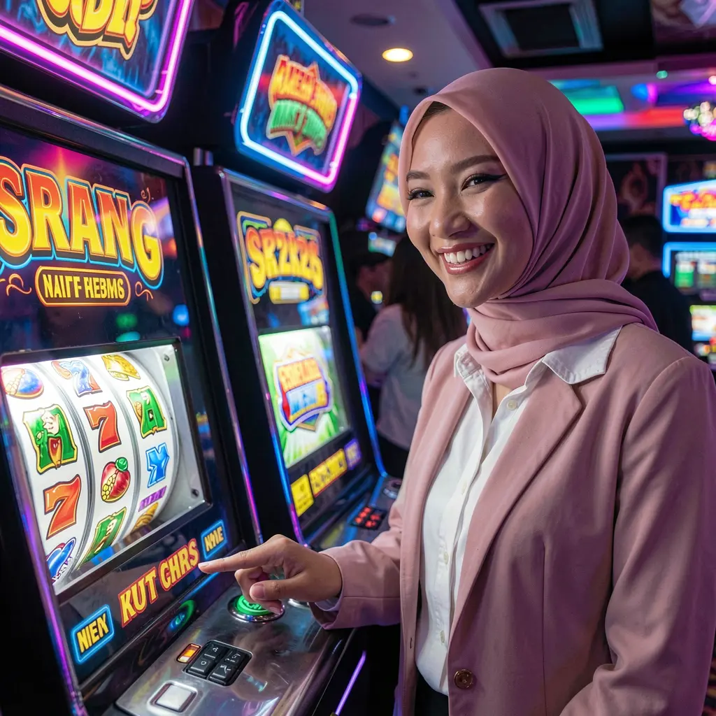 Close up of a smiling Malaysian player enjoying vibrant online slot games with glowing reels and neon lights at MBI44